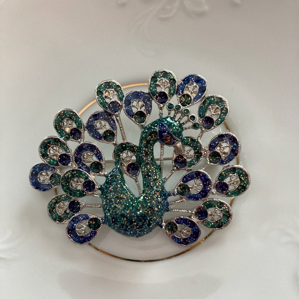 Enameled Jeweled Silver Peacock Costume Brooch